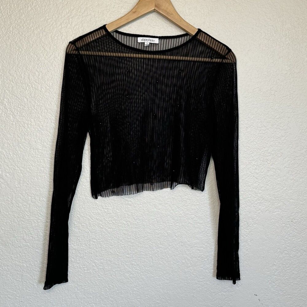 Dizzylizzy Top Women L Black Sheer Mesh Crop Embelished Witchy Whimsygoth Vamp